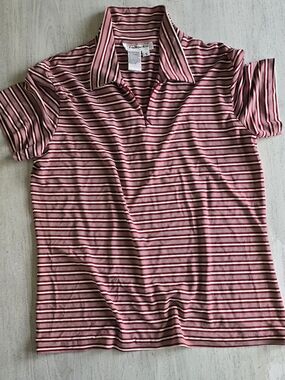 Talbots Womens Maroon and White Striped Polo Shirt Size SMALL